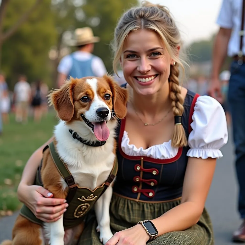 Owner and Dog Celebrating Oktoberfest in Dirndl Costumes