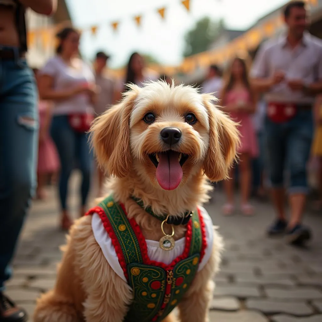 Dog wearing a dirndl at a festival, surrounded by people