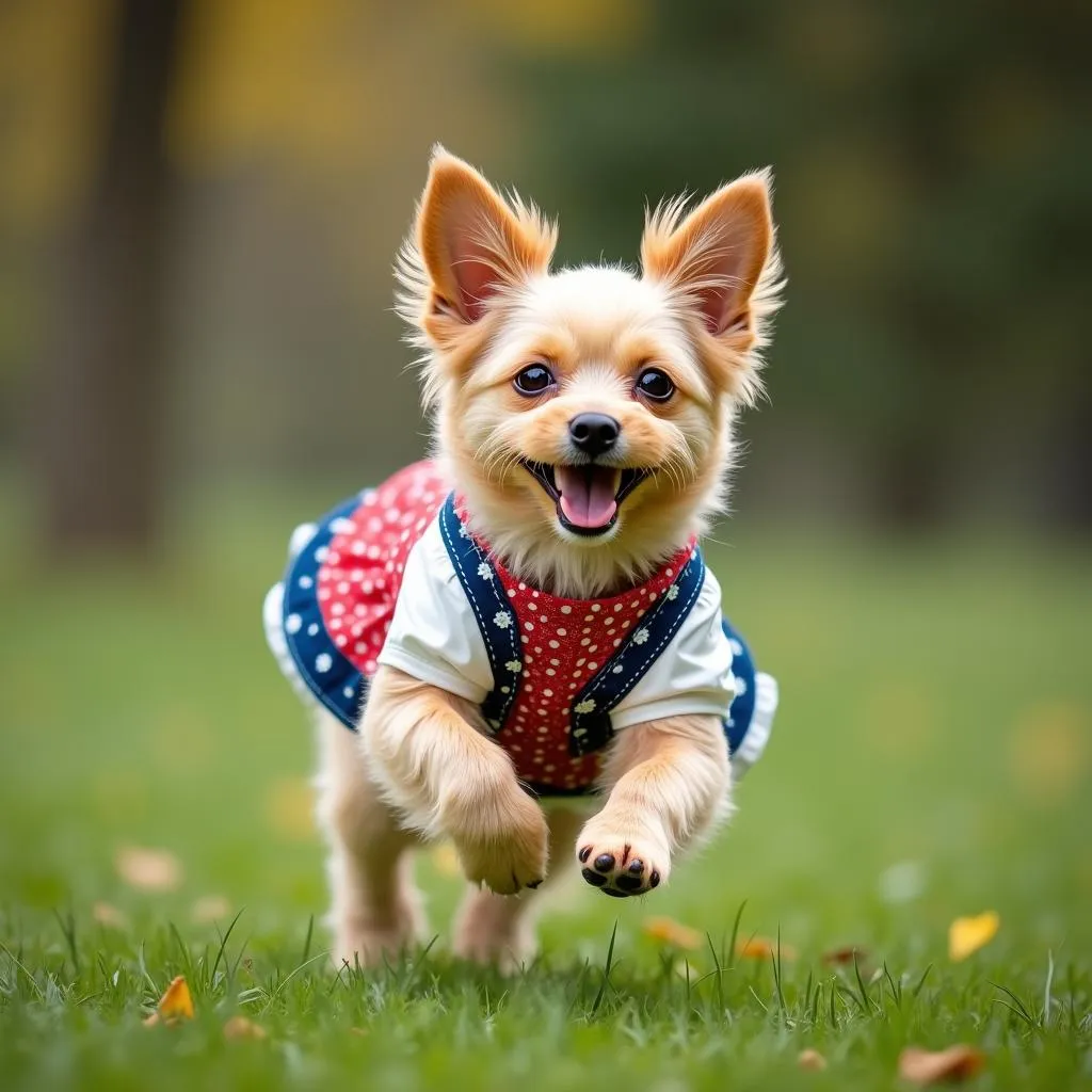 Dog wearing a dirndl, smiling and running in a park