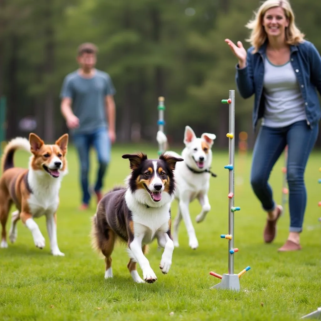 Dog agility training class with instructor and dogs in outdoor park