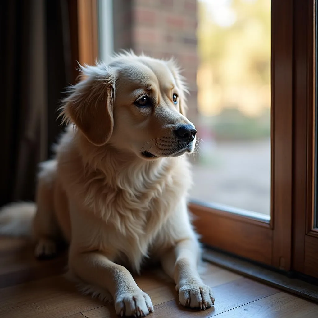 Sad dog looking at the door, hoping for his owner to return