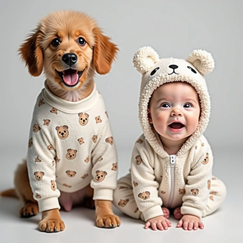 Adorable dog and baby twins in matching outfits