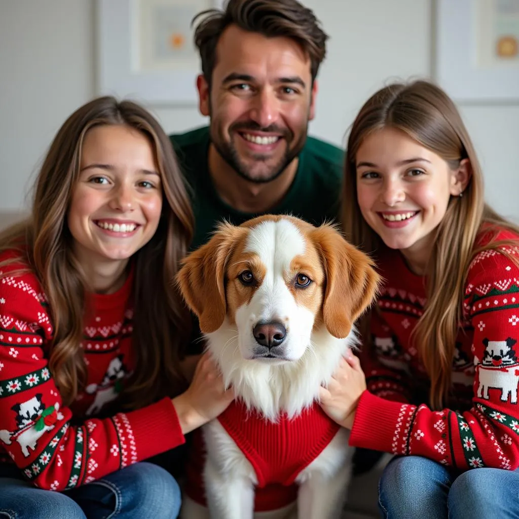 A portrait of a family wearing matching ugly christmas sweaters, including their dog