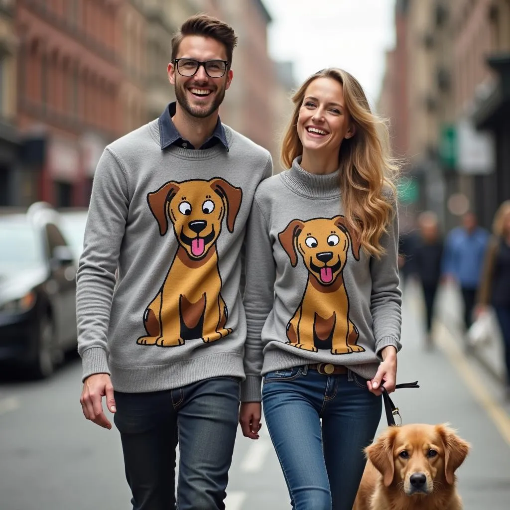 Matching dog and human sweaters: A couple's style statement