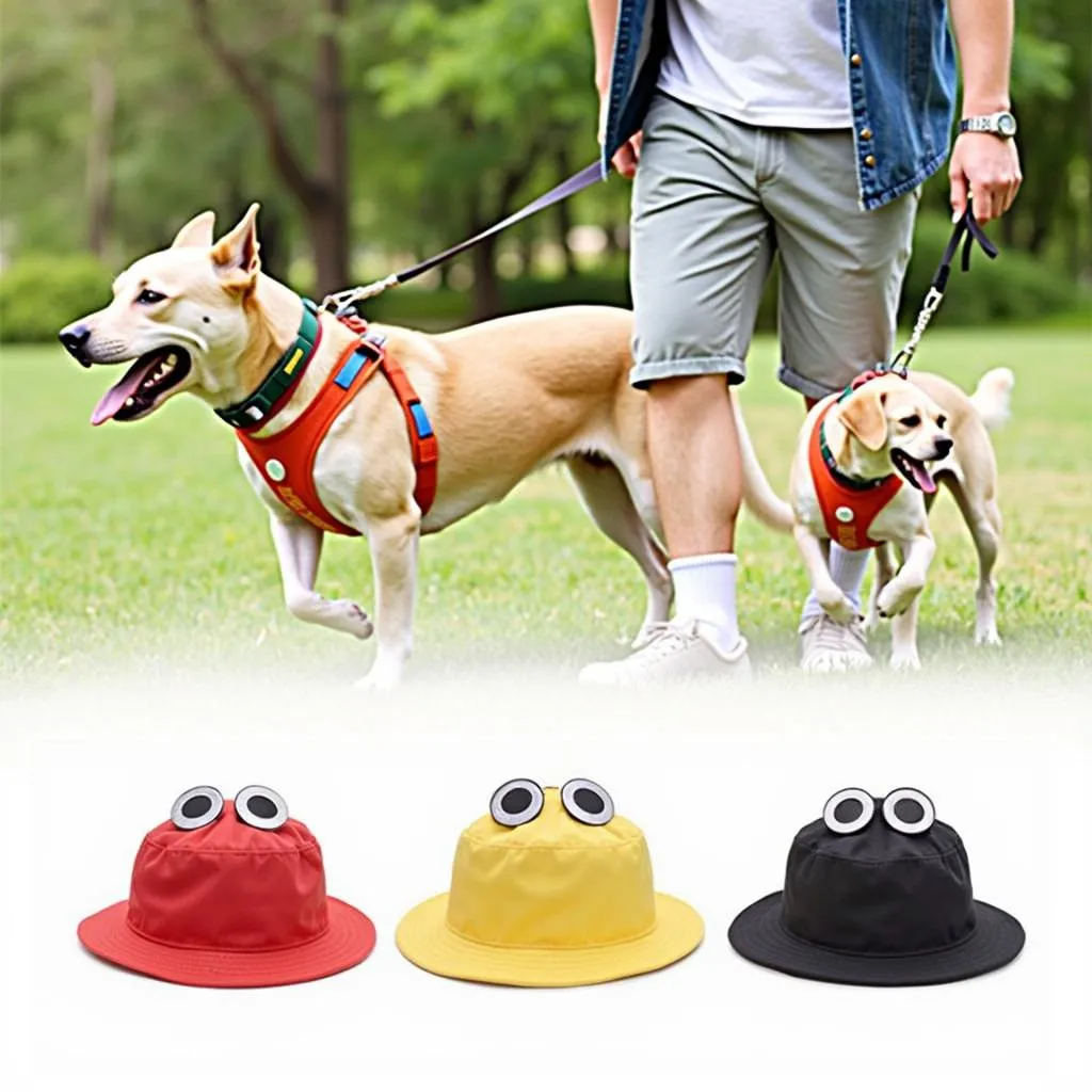 A dog and its owner wearing matching hats while enjoying a walk in the park