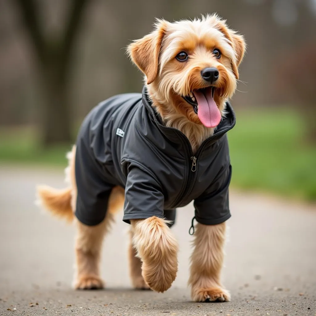 Dog wearing a dog attack suit while walking