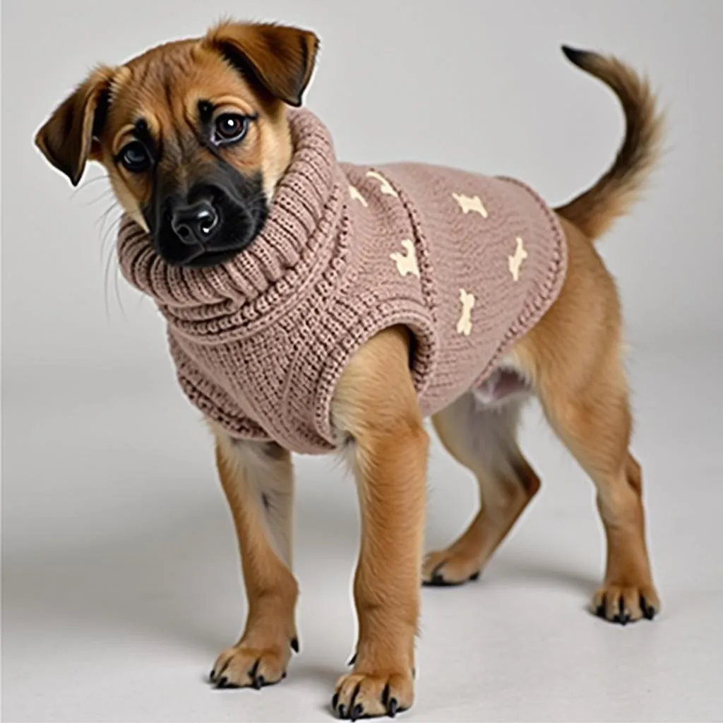 A puppy wearing a dog baby clothes during cold weather