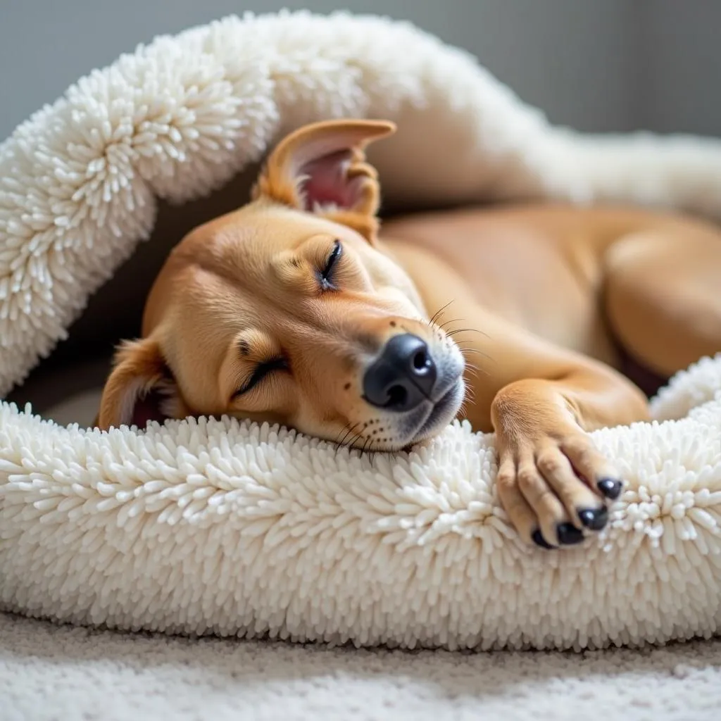 Happy dog sleeping soundly in their bed, showcasing a sense of contentment and well-being