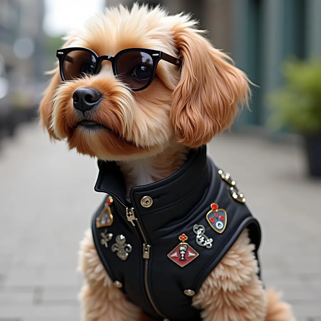 Dog wearing a biker vest, looking stylish and cool, with various accessories.  This vest adds a unique touch to your pet's style and allows for personalization.