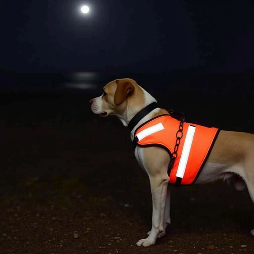 Dog with blaze orange vest and reflective strips for enhanced visibility at night