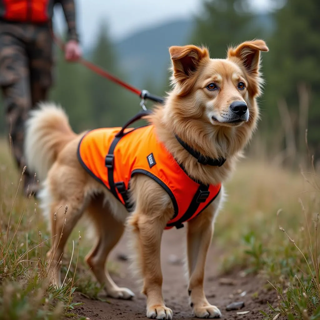 Dog wearing blaze orange vest for safety during hunting season