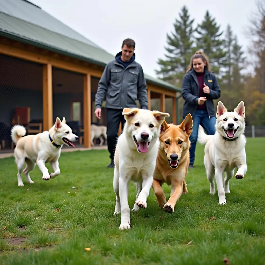 Happy dogs enjoying playtime at a boarding facility