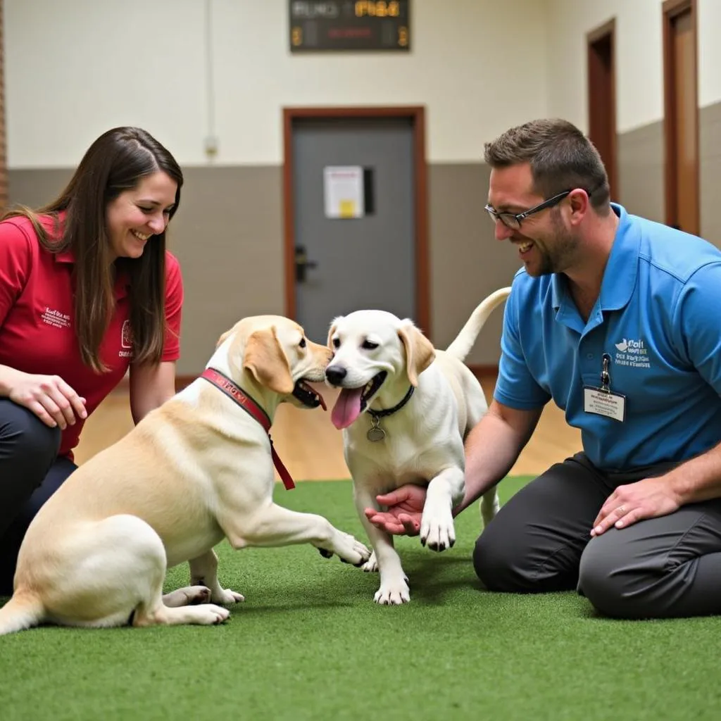 Dog boarding facility staff interacting with dogs