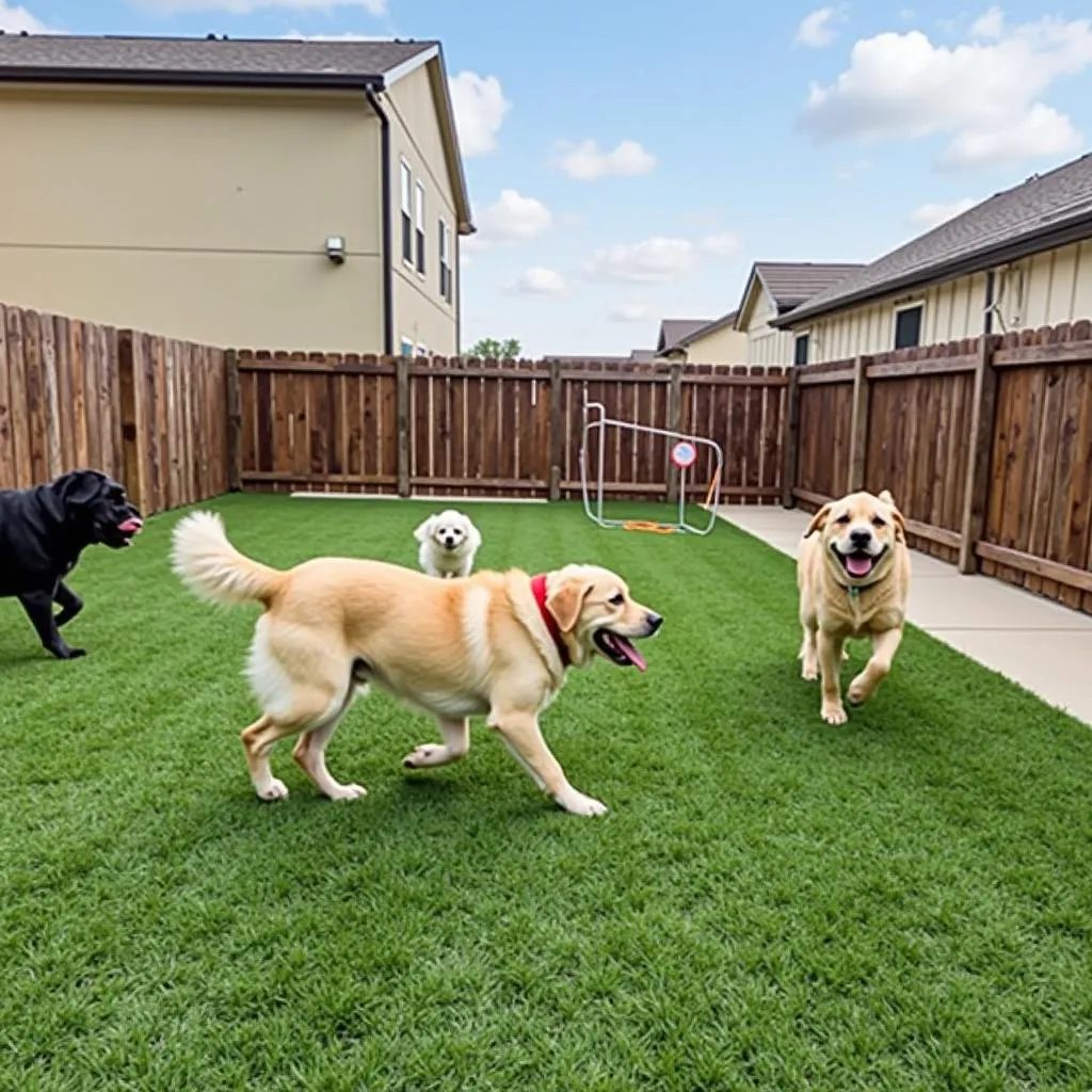 Dogs playing in a supervised play area at a dog boarding facility in Euless, TX. 