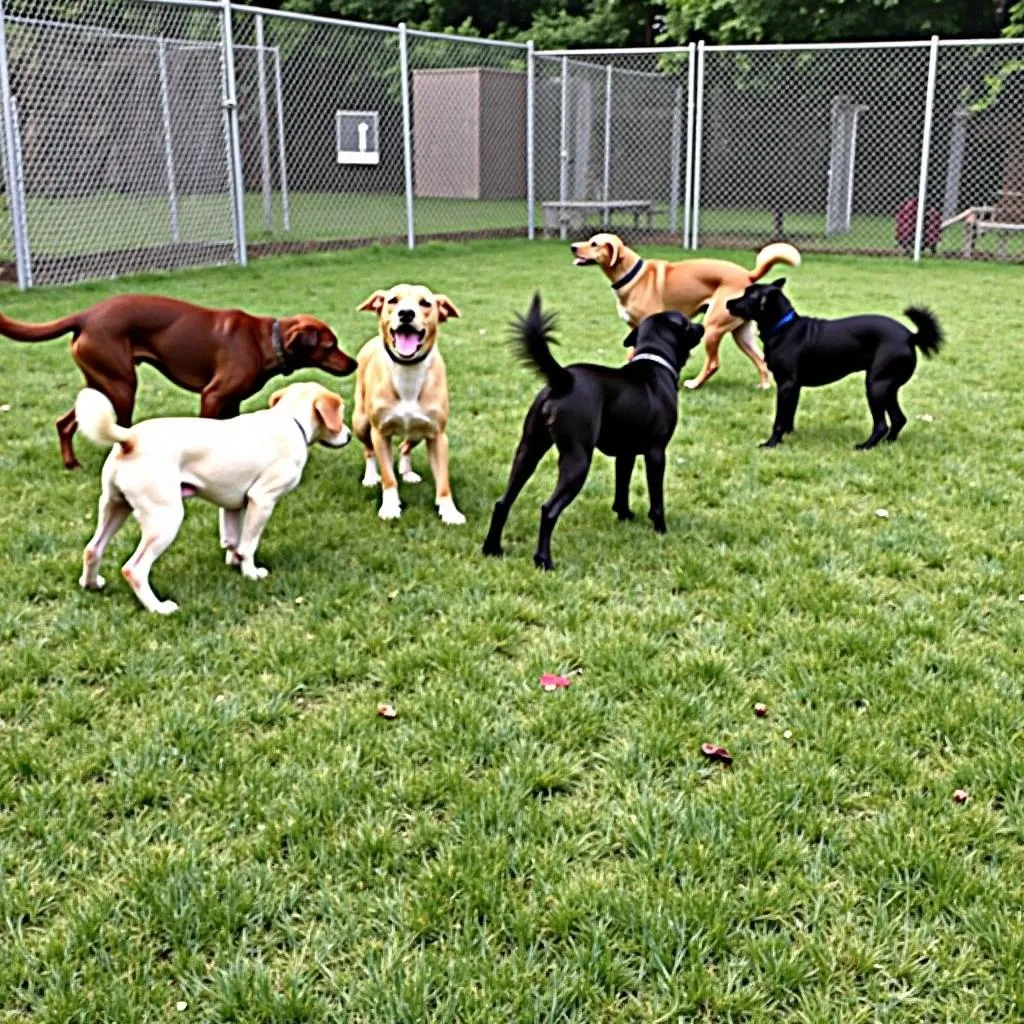 Dogs playing and socializing in a supervised outdoor play area at a dog boarding facility in Liverpool, NY