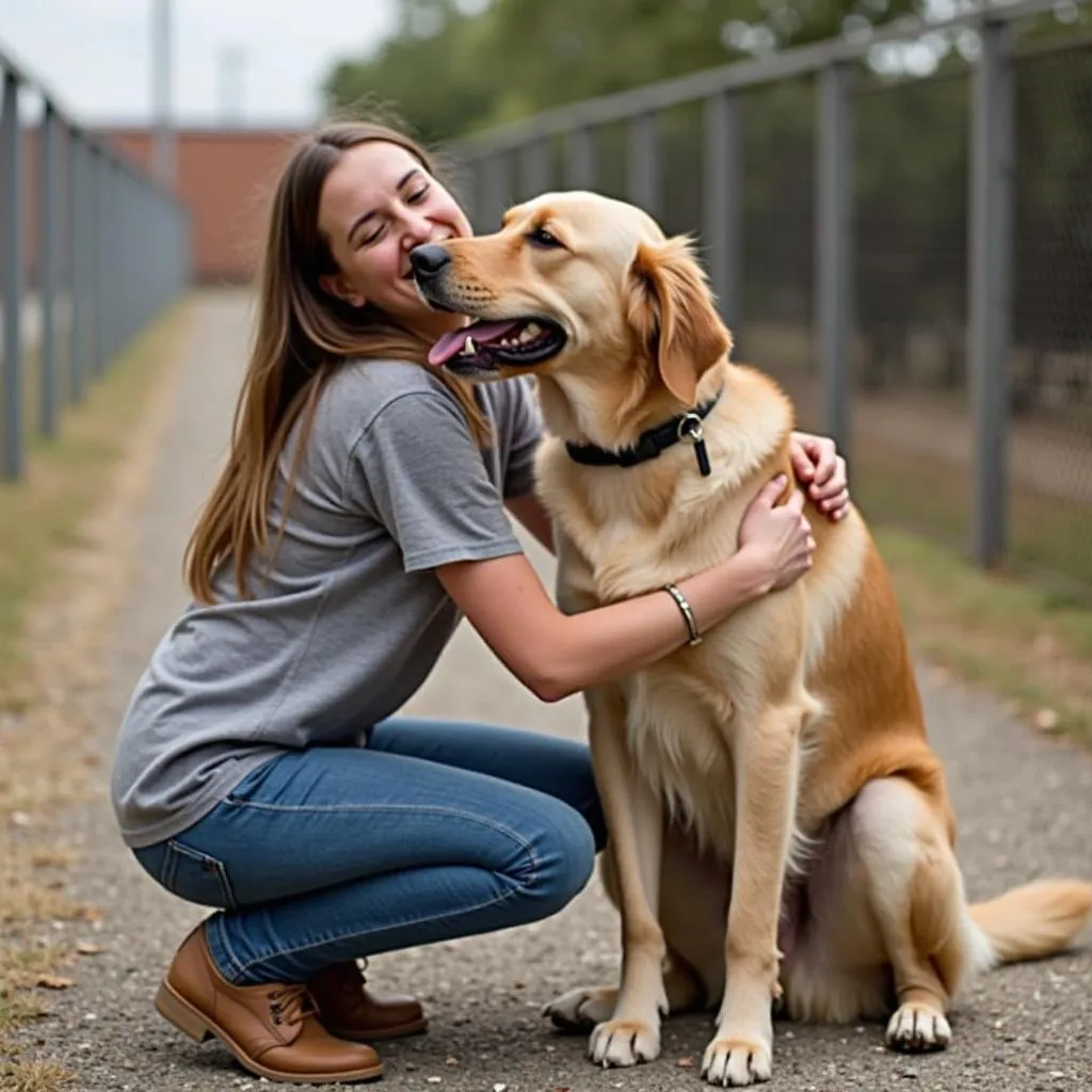 Happy dog being reunited with its owner after a stay at a dog boarding facility in Sherman, TX.