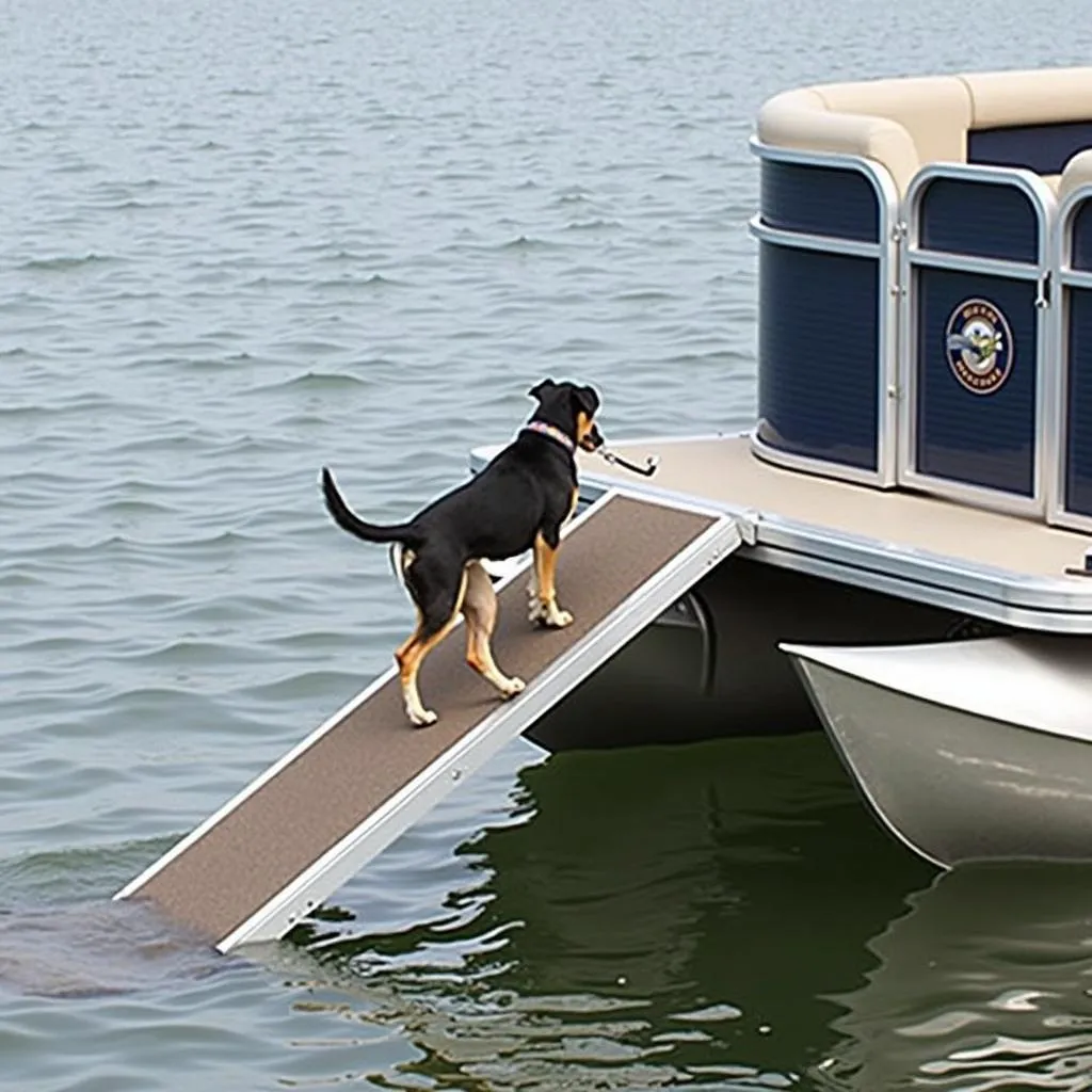 Dog boat ramp for small dogs on a pontoon boat