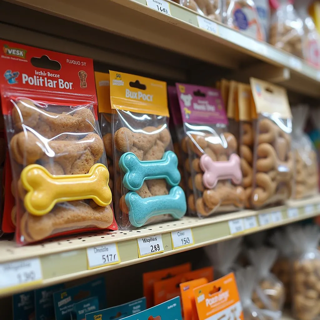 Dog bone labels displayed in a pet store