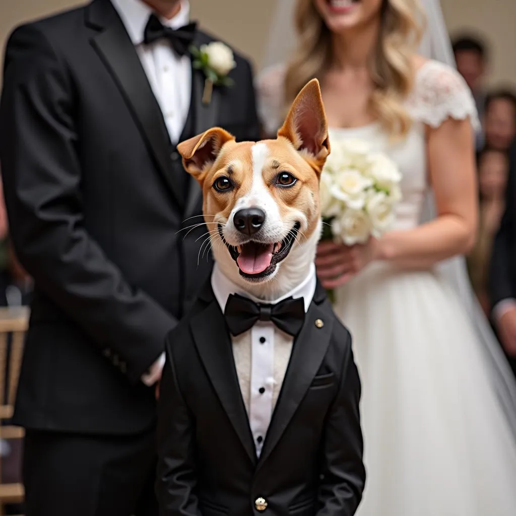 Dog wearing a bow tie at a wedding ceremony