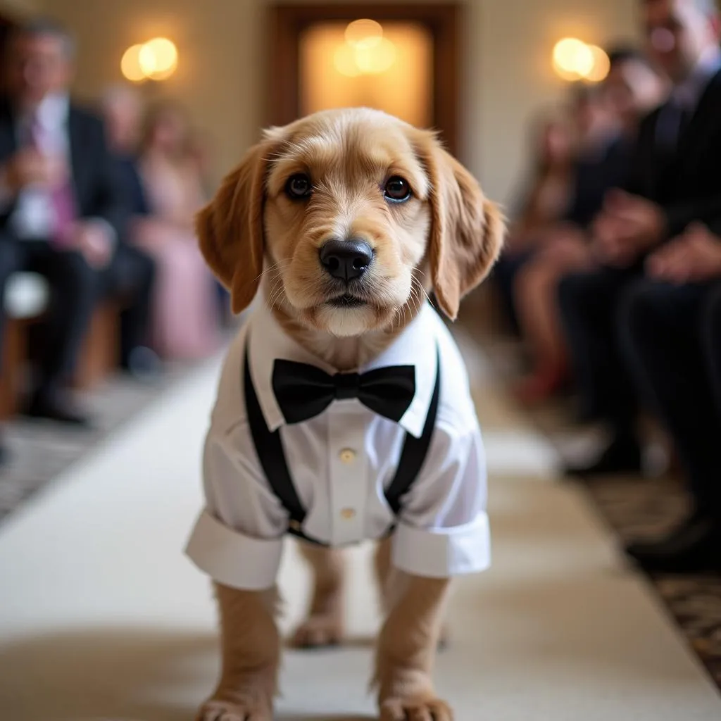 Dog wearing a bow tie for a wedding