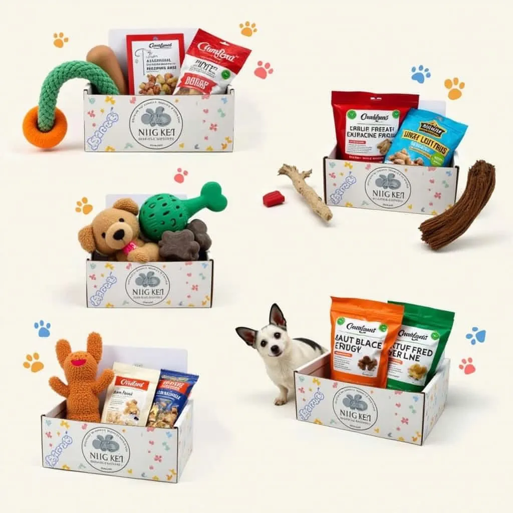 Dog box kits with a variety of toys, treats, and chews for dogs