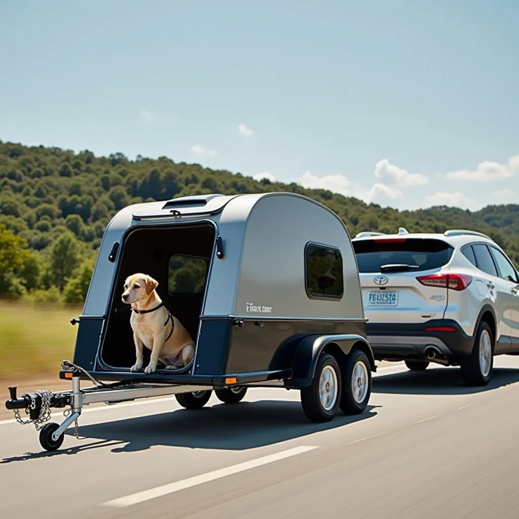 A dog box trailer being towed by a vehicle