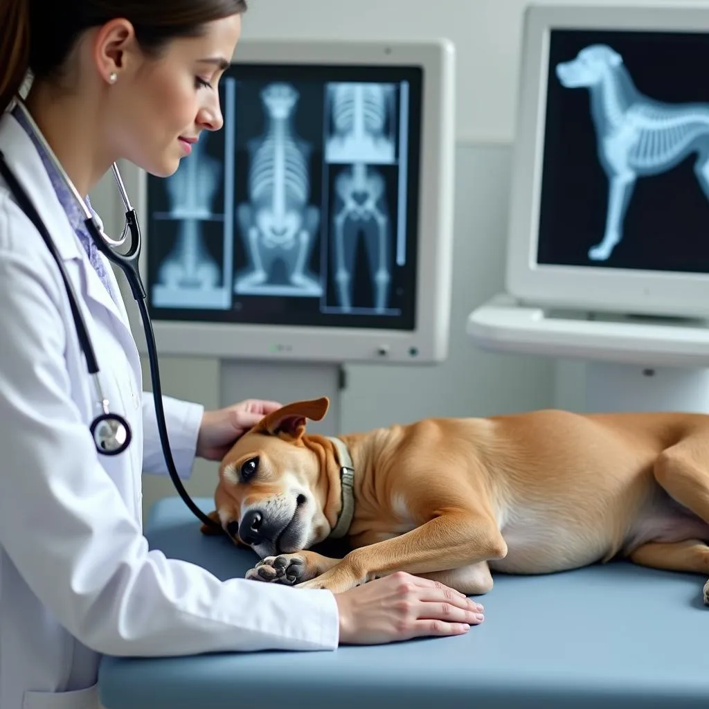 Dog being examined by a veterinarian and having an X-ray taken