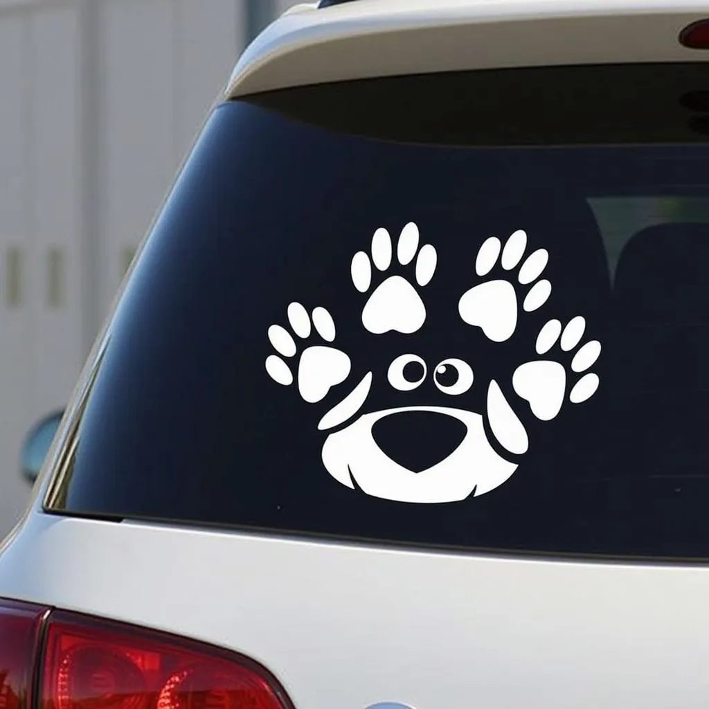 A colorful dog car decal with paw prints and a cute dog face on a car window