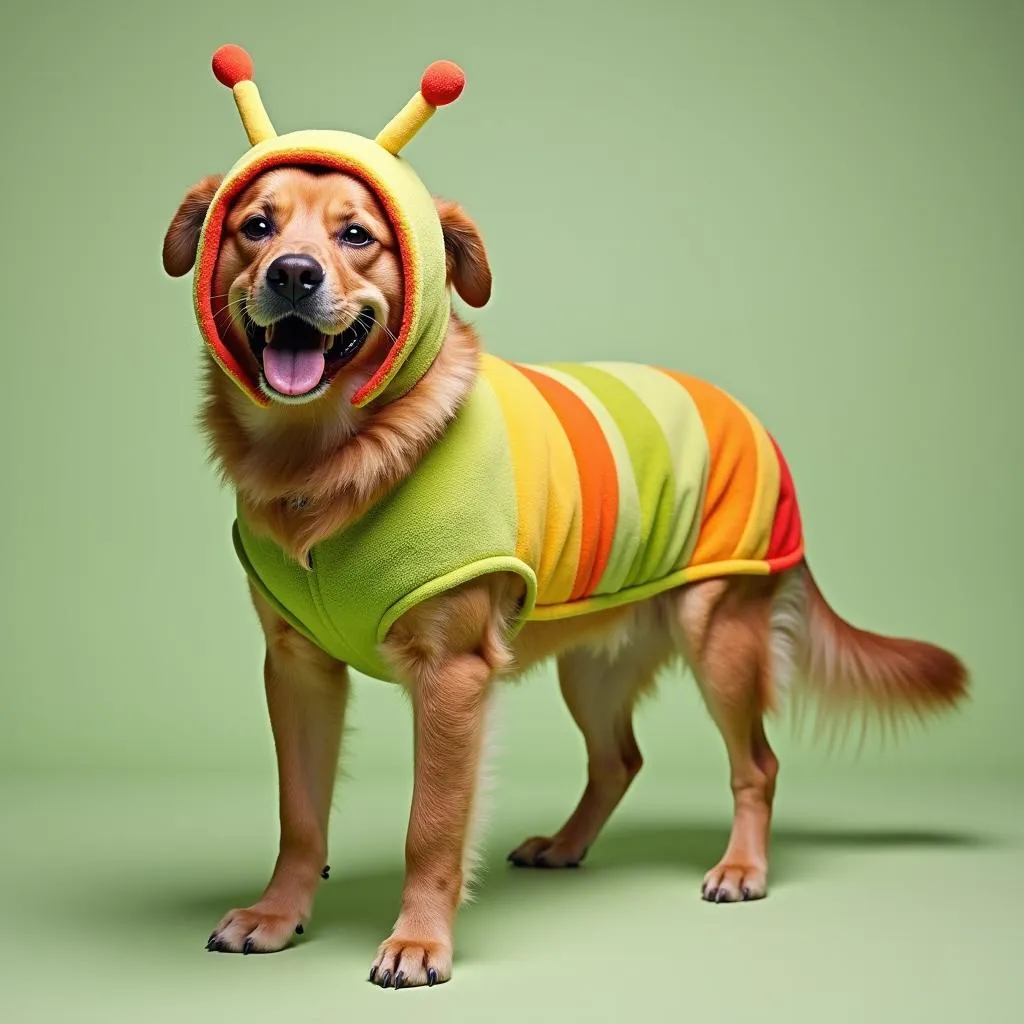 Large Dog Wearing a Caterpillar Costume