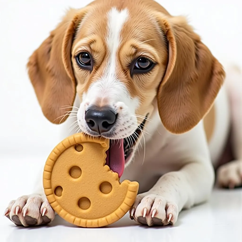 A dog chewing on a cookie dog toy