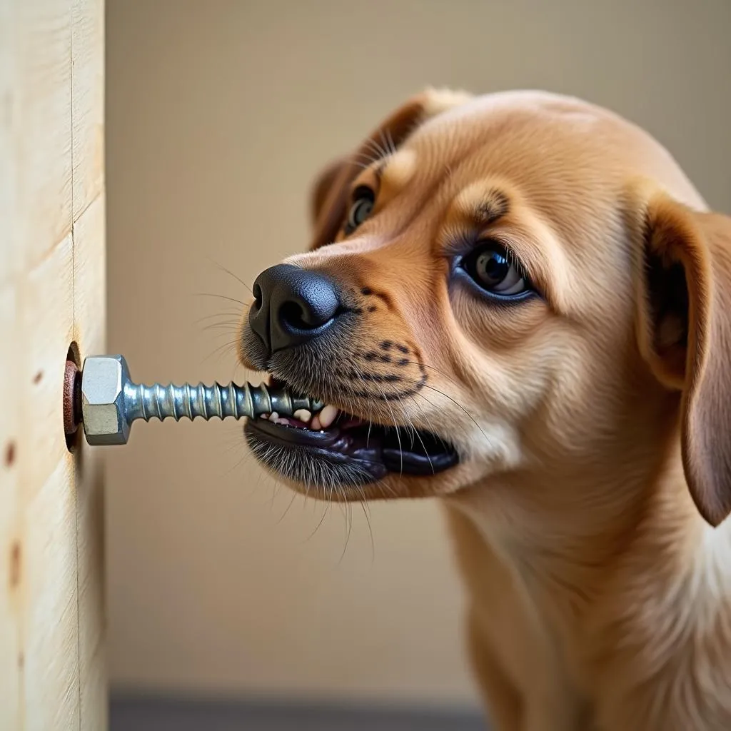 Dog chewing on screw