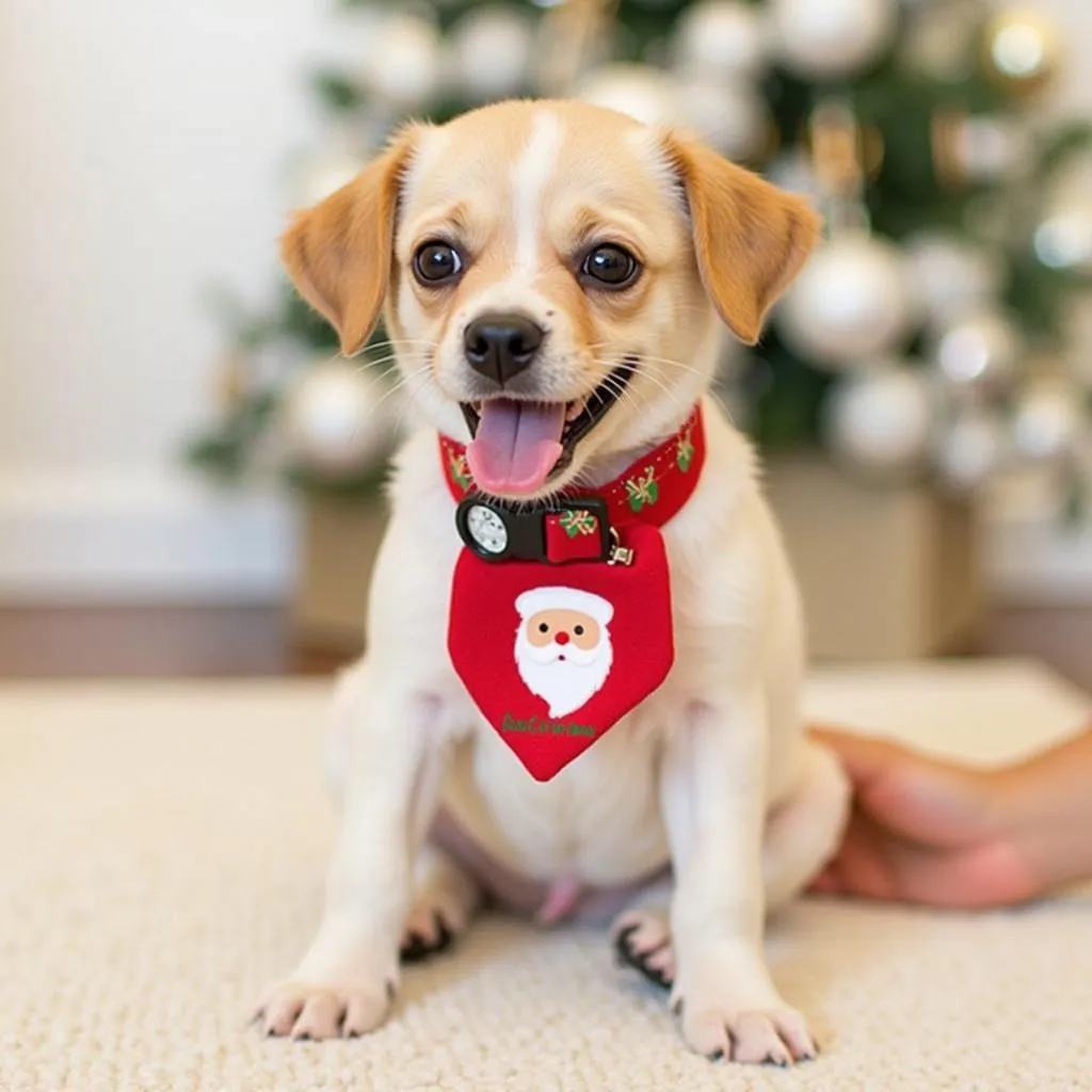 A small puppy wearing a festive dog Christmas tie