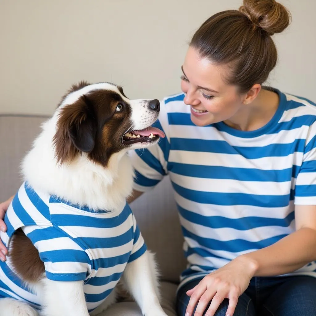 Dog and human wearing matching t-shirts