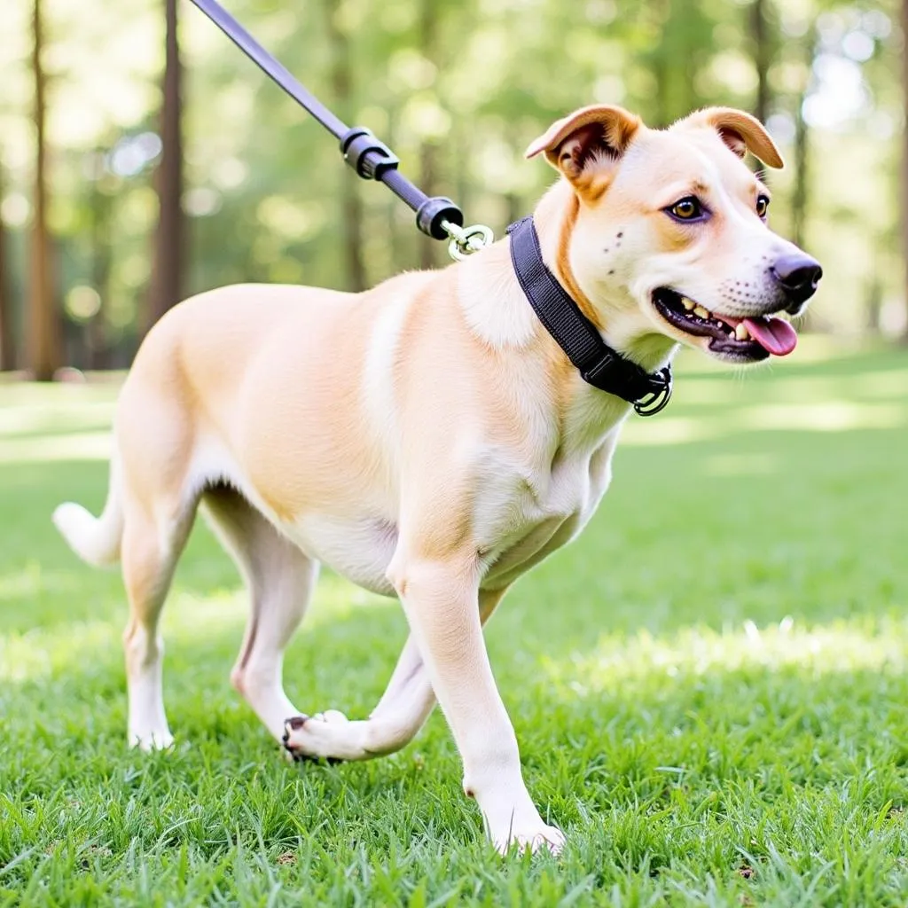 Dog wearing 2 inch wide collar with handle during walk