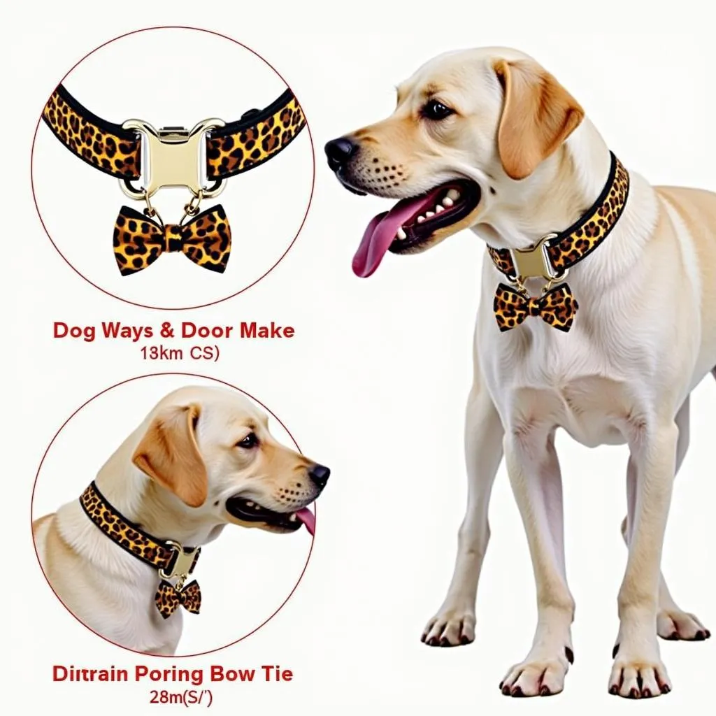 A large dog wearing a dog collar with a bow tie