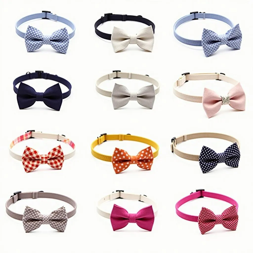 A collection of dog collars with bow ties in various colors