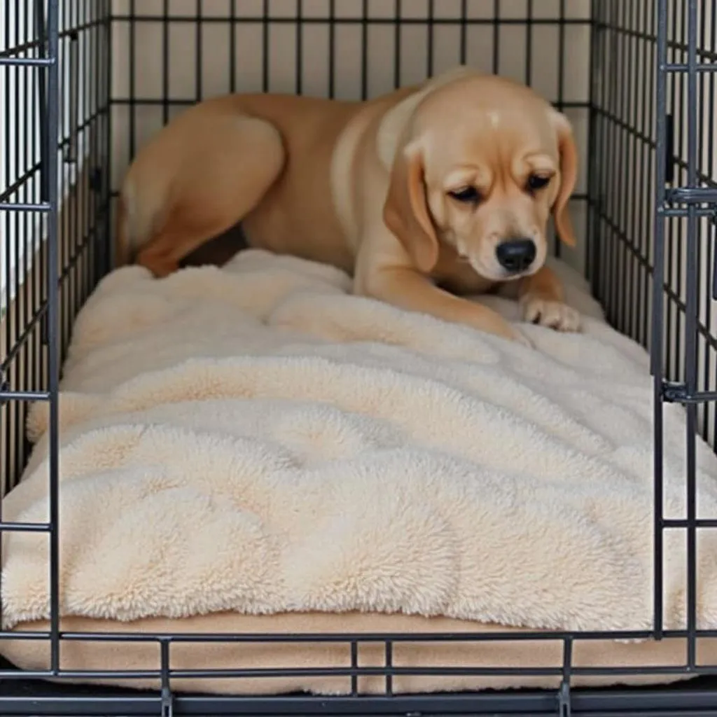 Comfortable dog bed inside a crate