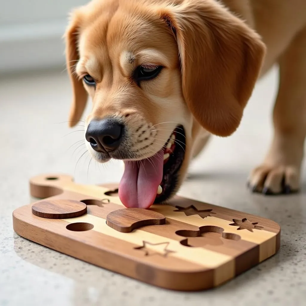 Dog chewing on a natural wooden dog cutting board