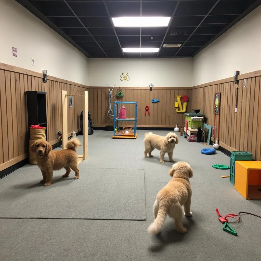 A spacious indoor play area at a dog daycare in Santa Cruz