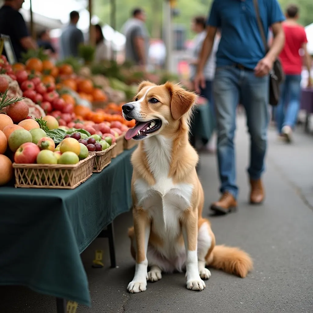 A dog happily sitting next to a vendor at the College Park Farmers Market