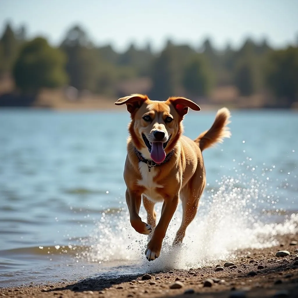 A dog running happily along the shore of Lake Artemesia