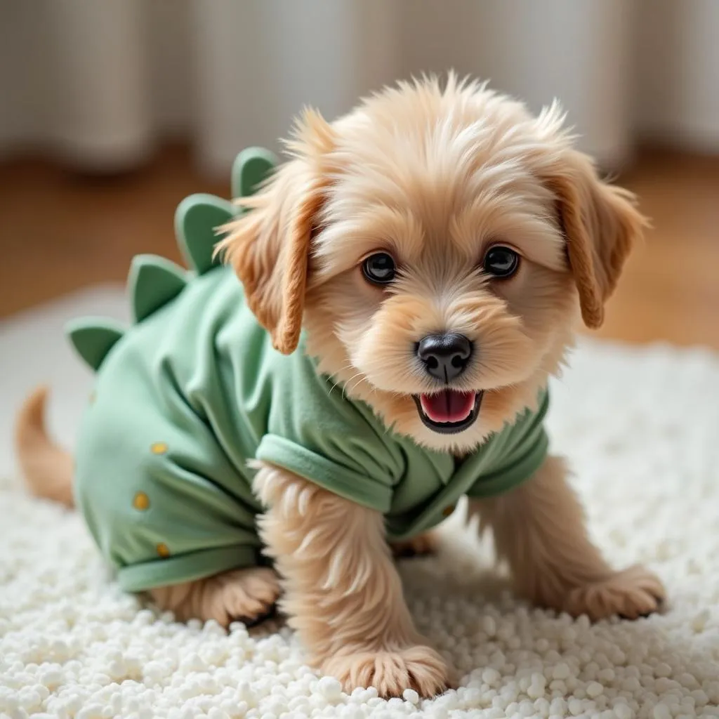 A small, white puppy wearing a green dinosaur pajamas with a cute, playful expression on its face.