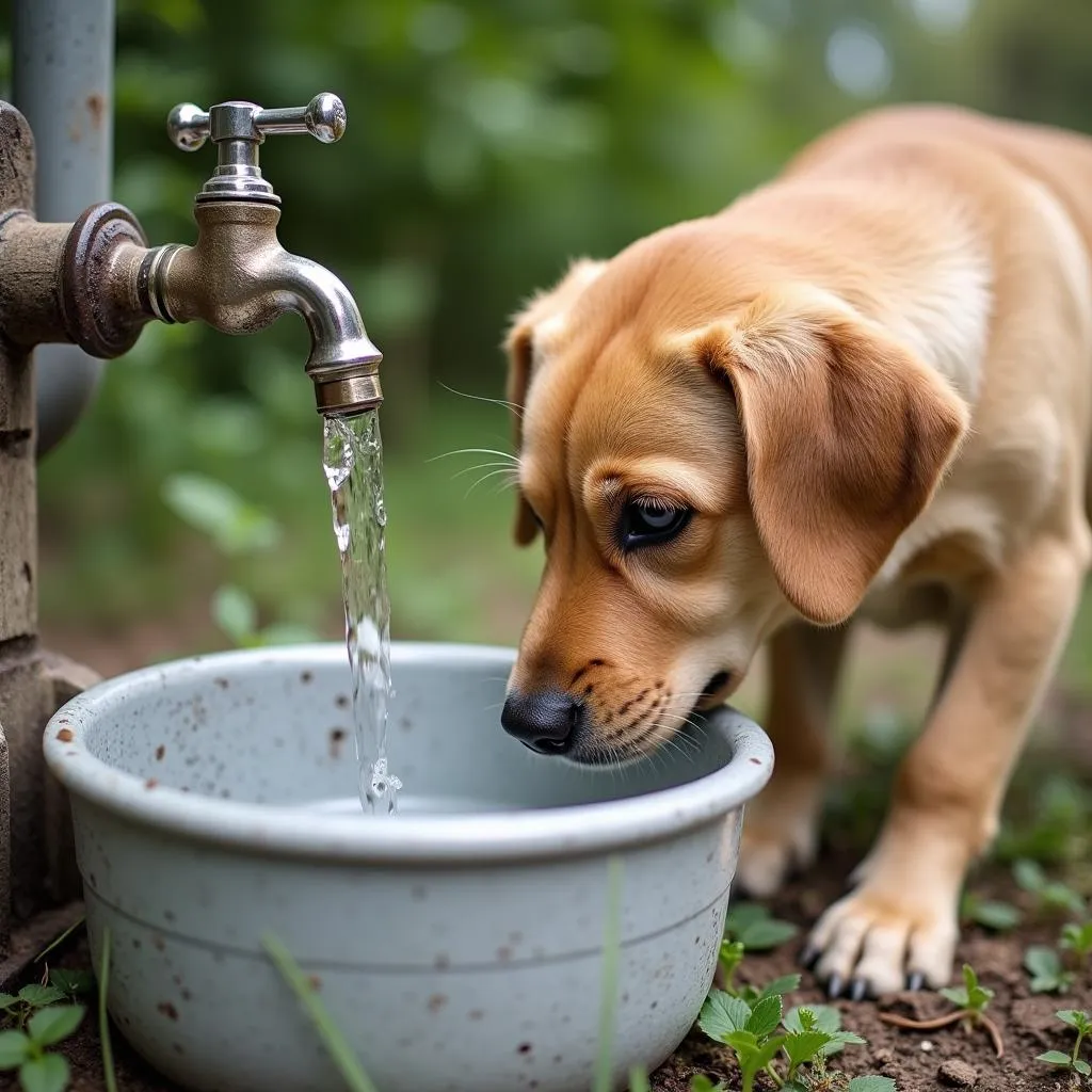 Dog Drinking From Spigot