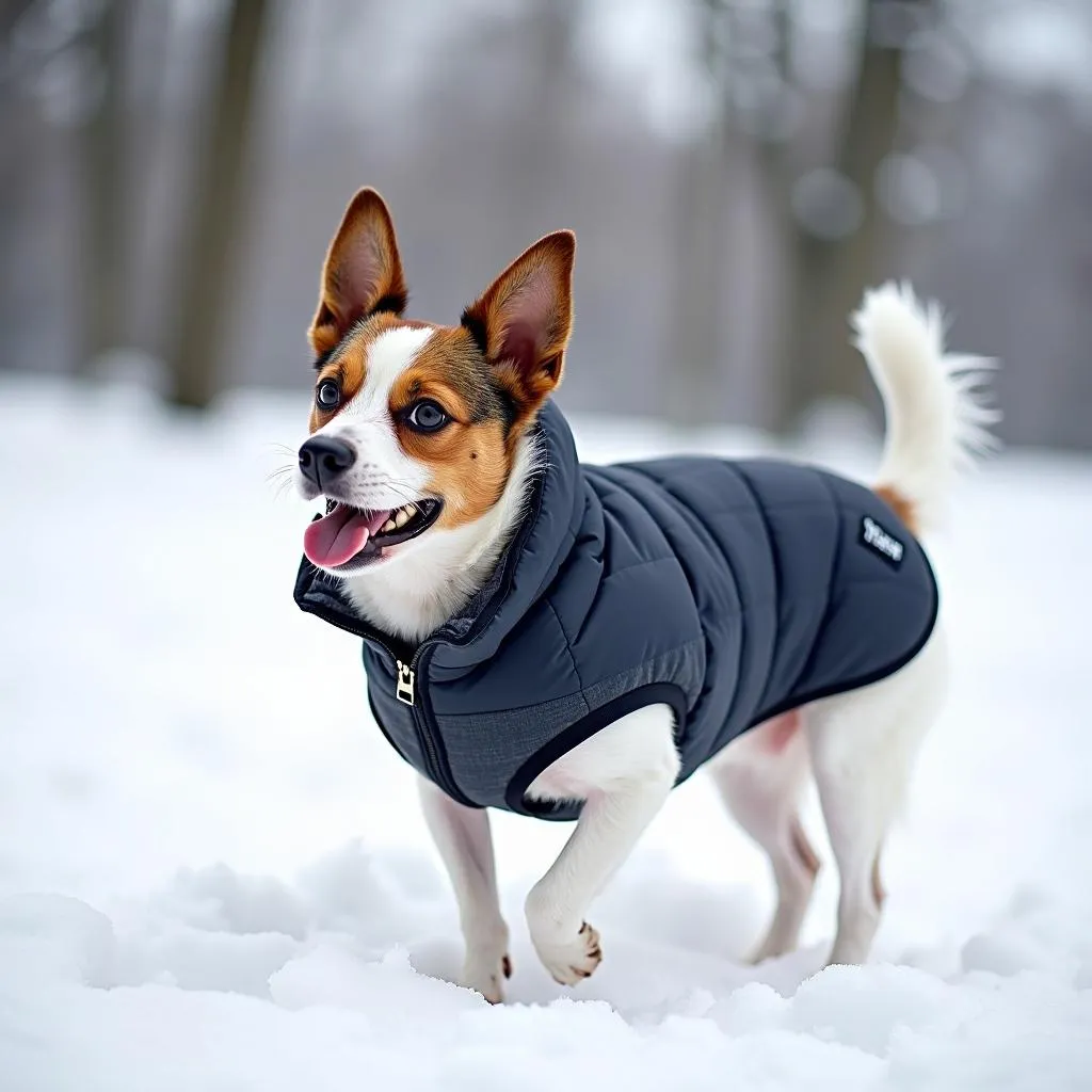 Coco, a Jack Russell terrier wearing a dog face puffer vest, playing in the snow.