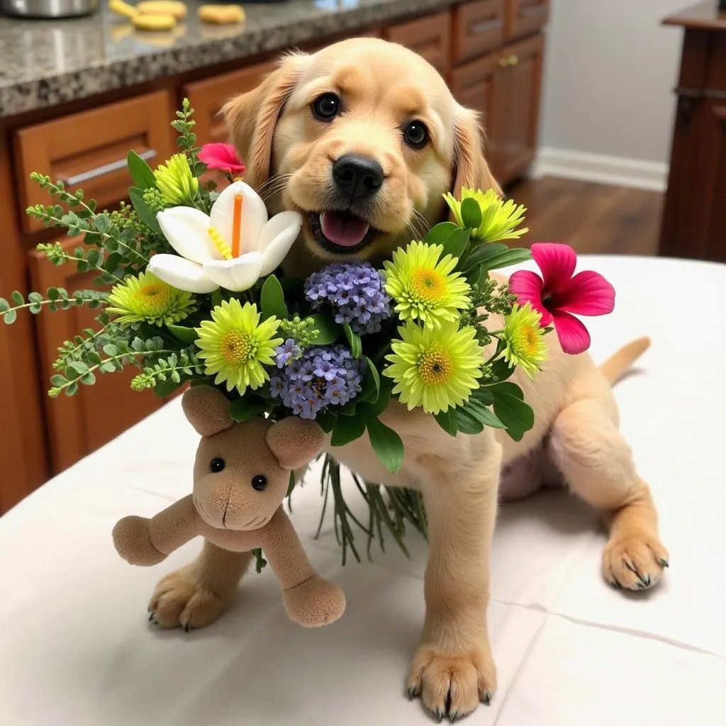 A dog flower arrangement with toys