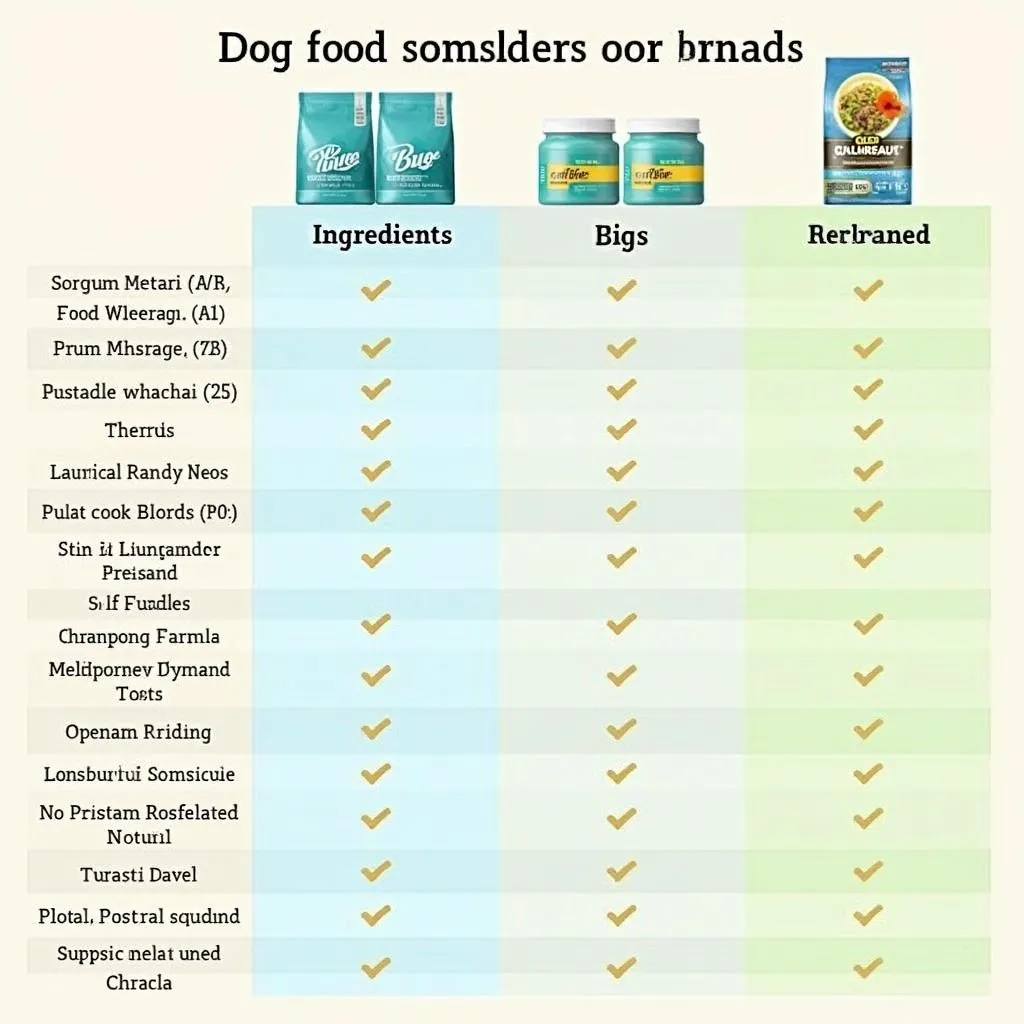 Dog food comparison chart showing various brands and their key features