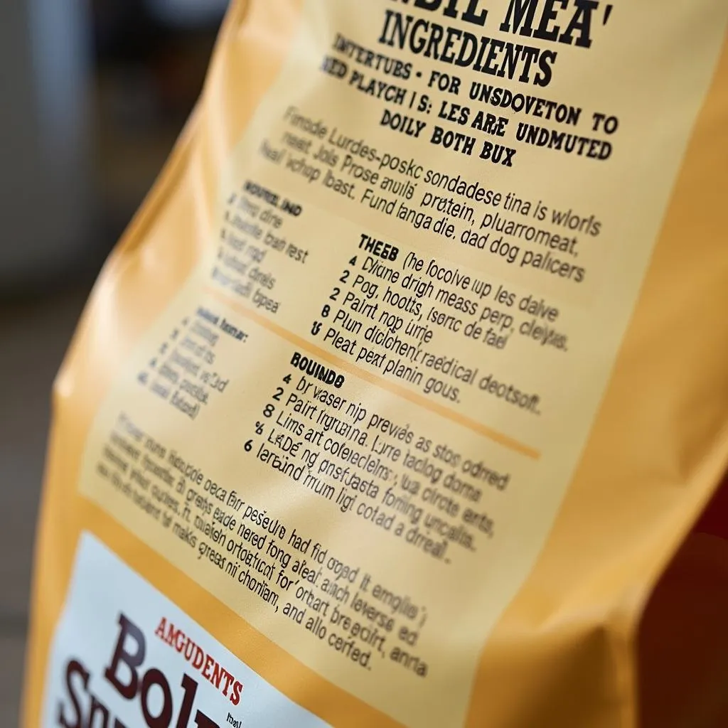 Close-up shot of a dog food bag label with detailed ingredient information