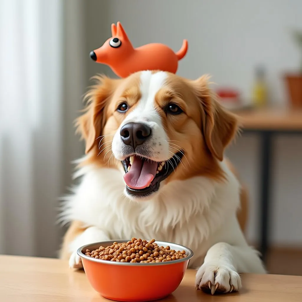 Happy dog eating dog food with seasoning topper