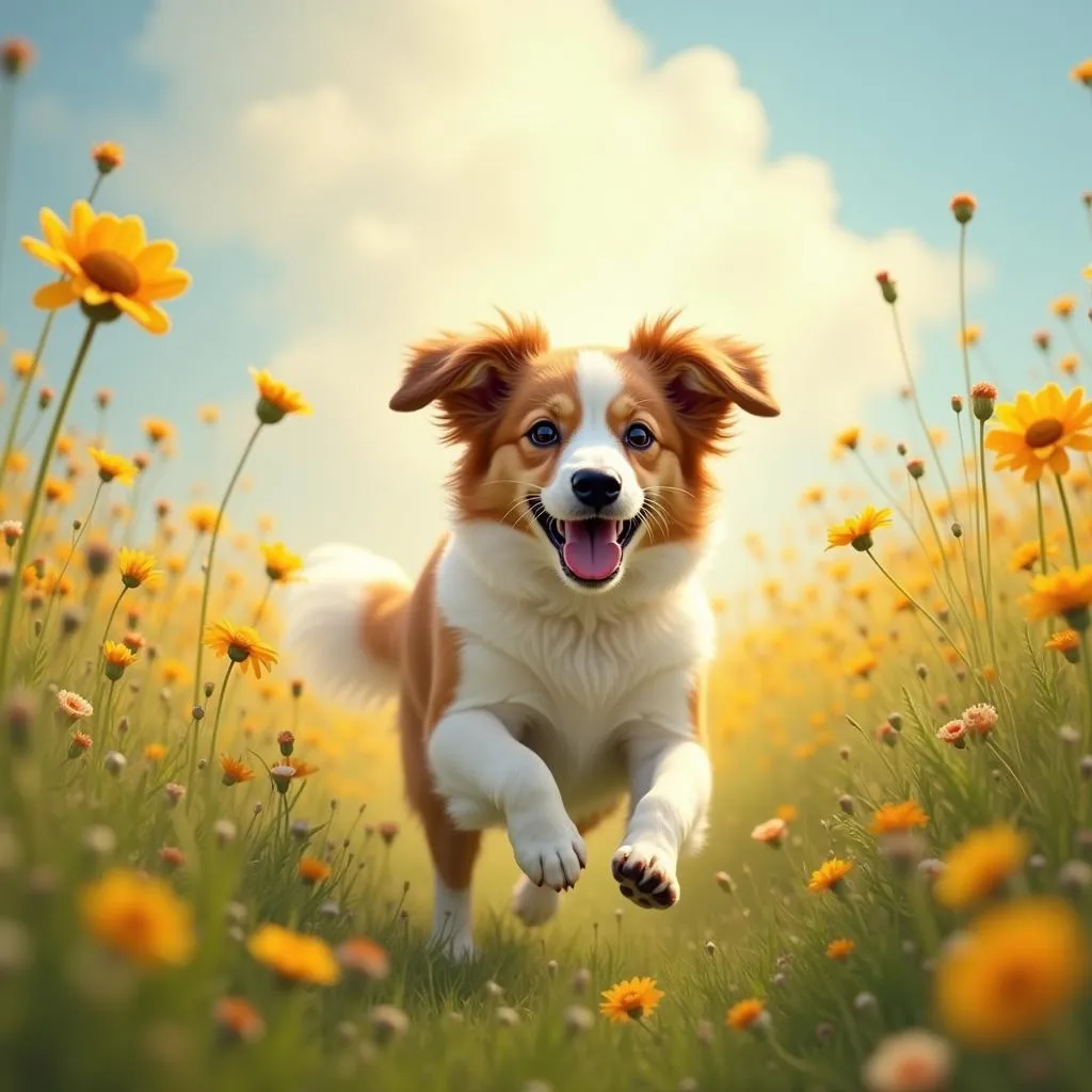 A dog running through a field of flowers