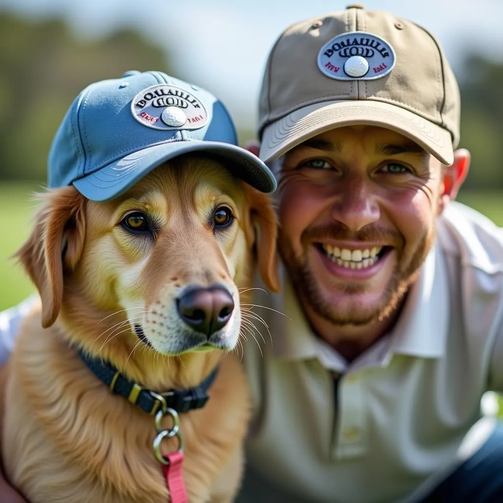 A dog and their owner wearing matching golf hats